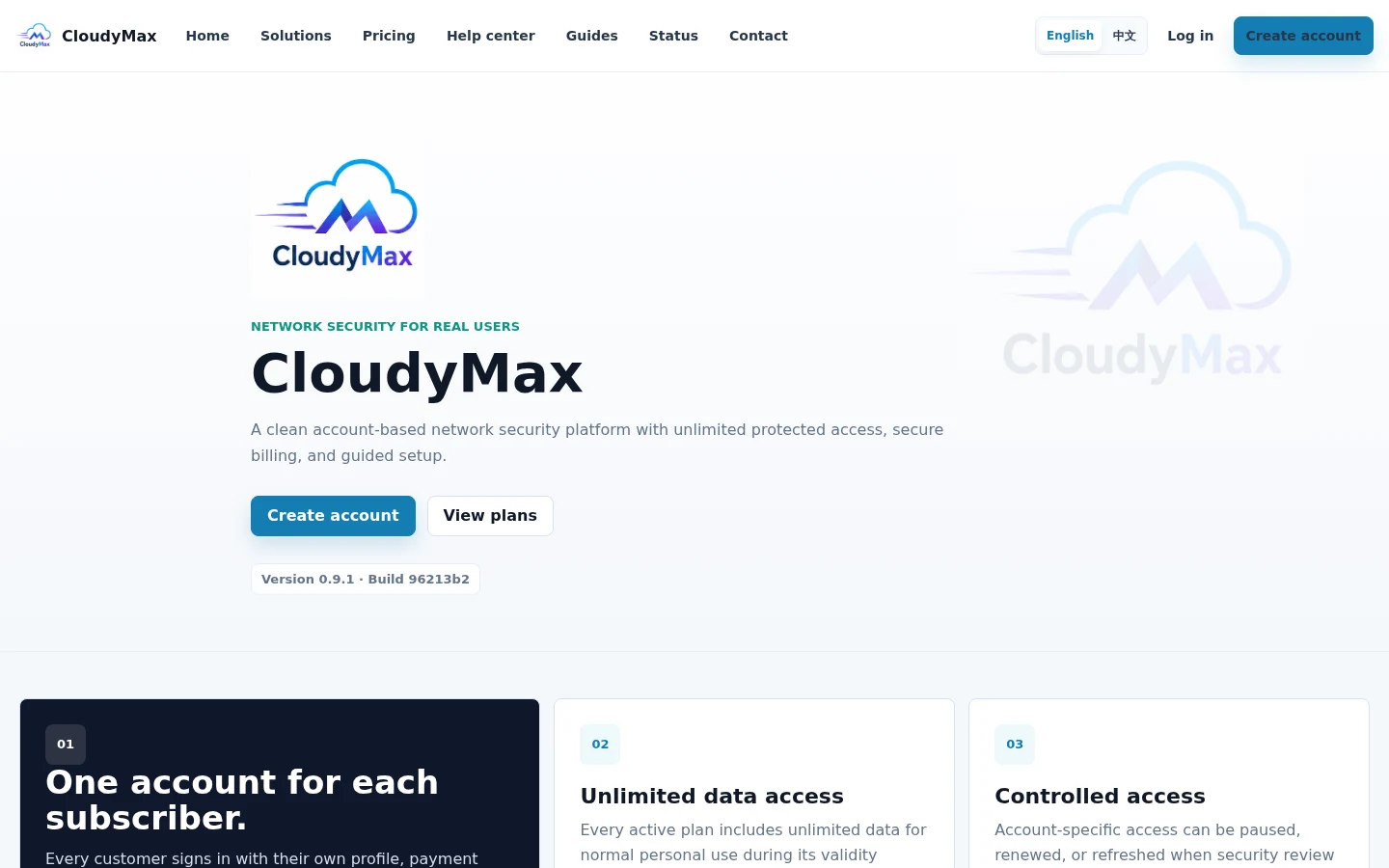 CloudyMax home page with language and account actions