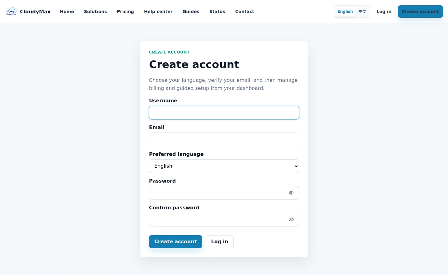 CloudyMax account registration form