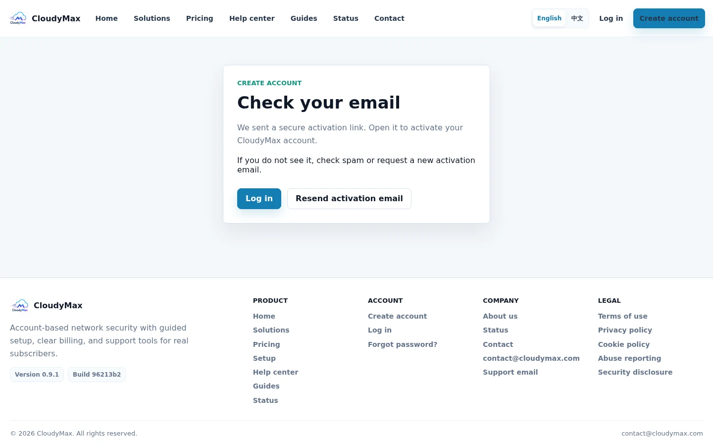 CloudyMax activation email confirmation page